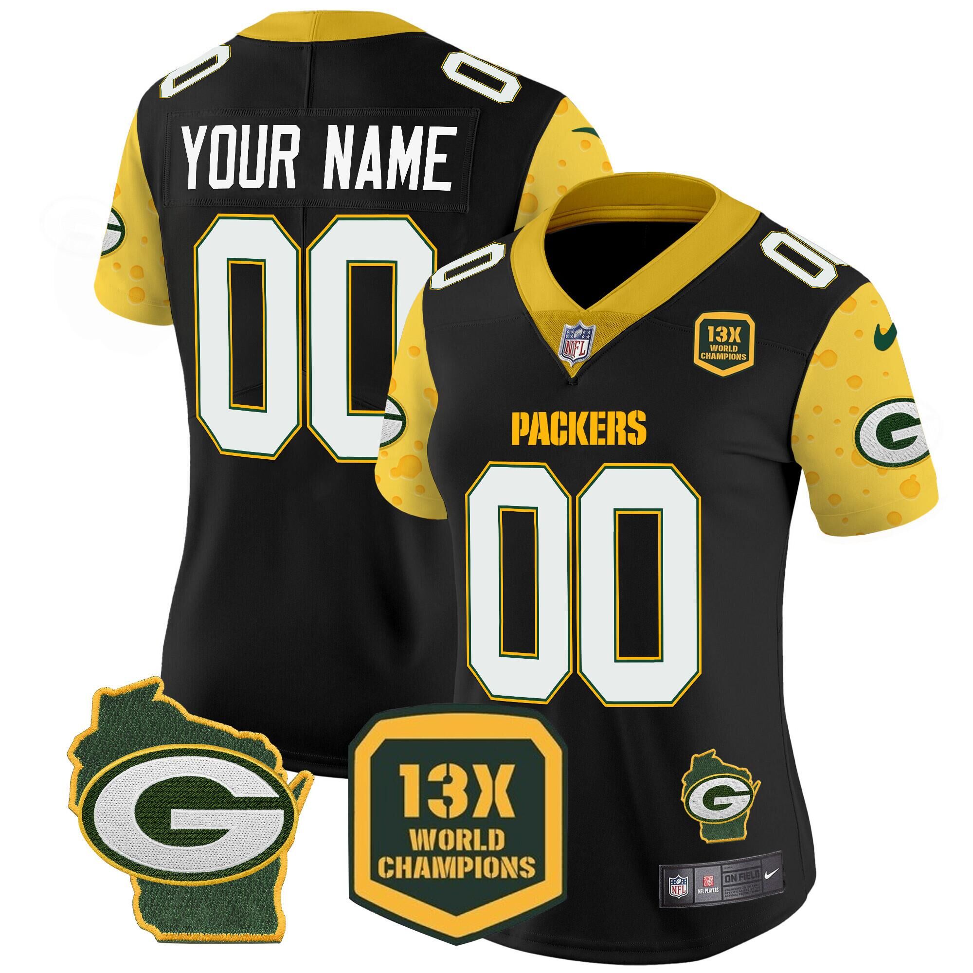 Women's Green Bay Packers ACTIVE PLAYER Custom Cheese Black 2024 F.U.S.E. Home Patch 13 Time World Champions Vapor Untouchable Limited Stitched Football Jersey(Run Small)